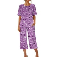 Daqian ženska odjeća za šetnju ženskim tiskanjem okruglih vrata s kratkim rukavima za spavanje i hlače