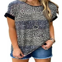 Pfysire Plus size žene Leopard majica kratki rukav na vrhu labave bluze sive s
