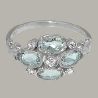 Britanci izrađeni sterling srebrni prirodni dijamantski i akvamarinski ženski prsten iz izjave - veličine