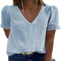 Ženske plave bluze V izrez Švicarska točka čipke kratki rukav Vintage Elegant košulja Vrhovi male US