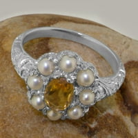 Britanci izrađeni čvrsti srebrni prirodni citrinski citrinski i kultivirani biserni ženski prsten -