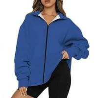 Ženska solidna jesen zima modni povremeni patentni džep dvostruki džemperski džemper plavi 2xl