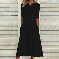 Haljina za žene, dame casual tiskane duge haljine V izrez Mid struk pulover prevelike haljine crne s