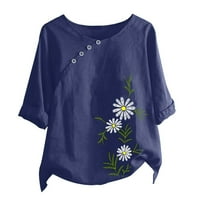 Ženska jesenska majica kratkih rukava Botaničkim printom pamučna posteljina vintage majica