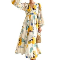 Lamuusaa žene cvjetni tisak dugih haljina V-izrez Boemijska haljina s dugim rukavima Spring casual haljina
