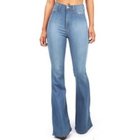 Bell donje traperice za žene Ženski džep visoki struk širok noga Skinny Button pantalone svijetlo plava