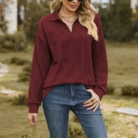 Anuirheih ženski pleteni džemper casual labav fit čvrsta boja okrugli vrat dugih rukava rebrani pleteni