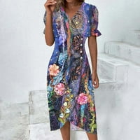 Mgaohoen Ljetne haljine za žene WAPL V izrez Dugme za kratki rukav Elastični struk asimetrični patchwork