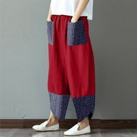 Ženske pamučne posteljine široke pantalone sa džepovima plus veličine obrezane casual hlače crveno 5xl