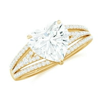 Oblik srca Moissnitni zaručni prsten - dizajner Split Shanker prsten, 14k žuto zlato, US 5,00
