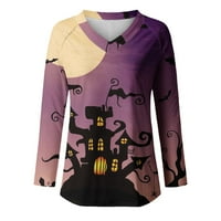 pbnbp Halloween majice za žene Vintage bundeve Dvorac Ispis dugih rukava Smiješni odmor V rect t majice