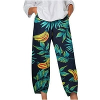 Ženske pamučne posteljine Capri manžetne hlače Ljeto popust od listova ispisa prozračne pantalone za
