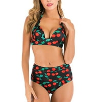 Žene Seksi Soild Print Bikini set Push up kupaći kostim za kupaće kostim visoki struk crni trešnje l