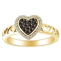 Carat Round Cut Brown & White Prirodni dijamant Filigranski prsten za srce 10K Čvrsto žuto zlato - 5,55