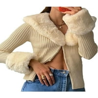 Aunavey Womens Fluffy rukava V-izrez obrezana pletena kardigan džemper vrhovi sa lisicama ovratnika