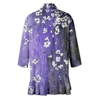 Kimono Cardigani za žene Jesen zimski rukav draped otvoreni prednji cvjetni print carin Cardigan Classic Rucfles Mekani džemperi Purple XL