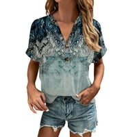 Modne bluze za žene labave ljeto tiskanje V-izrez gumb Dugme kratki rukav casual vrhovi m