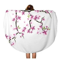 Okrugli ručnik za plažu pokrivač zelene listove Oriental Cherry Flowers i lišće ružičaste putne krugove