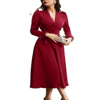 Elegantna V izrez Line haljina dugih rukava Burgundija ženske haljine XL