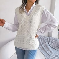 Čvrsta boja V džemper prsluk za žene za žene jesen zimske pletene casual šuplje vrpce
