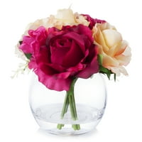 Enova kućna umjetna cvijeća miješane svilene ruže i hidrongea lažni aranžman cvijeća u okruglom staklenoj