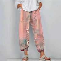 Ljetne pantalone za žene, povremeni retro tiskani džep sa visokim strukom retro labavi džep ravno dugačke