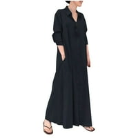 Outfmvch Crne haljine za žene Pamuk i posteljina Solid Rever džep dugih rukava duga košulja ženske haljine