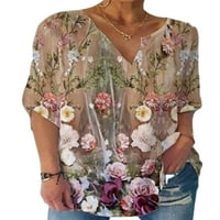 Ženska majica cvjetni print ljetni vrhovi polu rukavica majica modni pulover rad bluza tunika kaki xl