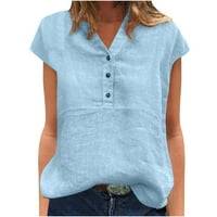 Pamučni posteljina za žene udobne gumb s kratkim rukavima dolje majica labavi fit casual v vrat pune