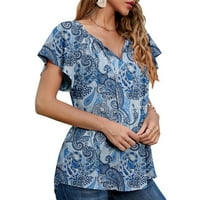 Ženska ležerna modna šifonska štampana kratkih rukava čipka za čipke labave majice plave m