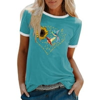 Modne žene Ležerne prilike ispisane O-izrez majica kratkih rukava majica, plava, m
