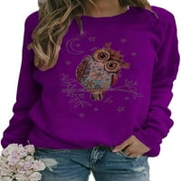 Niuer Women THit majica Owl Print T-Majica Crew Crt Thee Laove pulover Tunička bluza dugih rukava ljubičasta