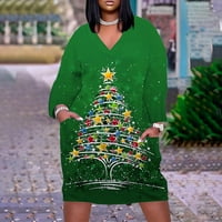 Ženska haljina za plažu Božić je otisnuta V-izrez dugim rukavima plus veličina modna casual labava sreća