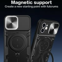 Teška futrola za iPhone 11, klizni poklopac objektiva kamere sa skrivenim nosačem magnetskim nosačem automobila, robus PC + TPU hibridni udarac zaštitom izopača za iPhone 11, crni