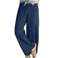 Ženske pamučne posteljine hlače Ljeto Čvrsto struk povremene pantalone s širokim nogama pantalone s