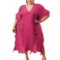 Ženske duge haljine Solid Boja Ljeto Plaže Sundesring V izrez Maxi haljine žene Seksi odmor Crveno m