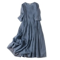 Jesenske haljine za žene Ljeto Žensko pamučno posteljina Čvrsta haljina za okrugle vrata, haljina za