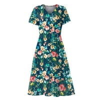Bazyrey Sundress za ženske haljine s kratkim rukavima Ženska cvjetna V-izrez haljina zelena xl