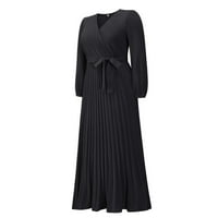 Crne haljine za ženske zabave jesenji proljeće dugih rukava V izrez haljina natkrivena linija duge haljine