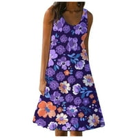 Žene cvjetni okrugli dekolte za sunčanje Dužina koljena Modna ljetna haljina bez rukava Purple XL