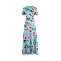Ljetne haljine za ženska posadna vrata Dužina gležnja Cute A-line cvjetni kratki rukav Dress Blue XL
