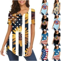 Ženska američka zastava Tunic Tops USA zastava Skraćeno rukav Henley V rect majica Nasledled Ležerne