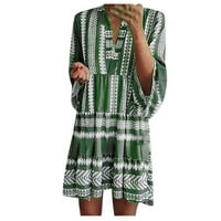 Ljetne haljine za žene mini dugih rukava Boemska smjena tiskana V-izrez klupska haljina zelena 4xl