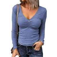 Ketyyh-CHN Bluze za žene gornje obrezivanje vrpce rebrastim slim ugrađenim ležernim vrhovima plava,