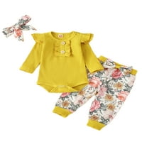 Glookwis Baby cvjetni print Bodysuit Ribded ROMPER elastična stručna majica Hlače hlače + trake za glavu pune boje Outfit odijelo Ljetne odjeće