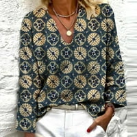 Majice za žene V-izrez Personalizirano Vintage cvjetno tiskano labavo majica s dugim rukavima TOP bluza