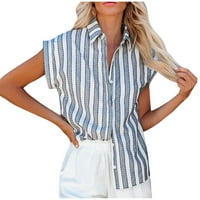 Summer Striped gumb dolje majice za žene Ležerne prilike pamučne posteljine rever ovratnik kratkih rukava