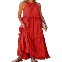 HAITE WOOT Ljeto plaže Sundress Solid Boja Maxi haljine Duge haljine bez rukava Halter Blue S