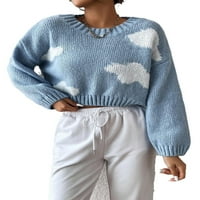 Rib-pleteni povremeni uzorak Grafički pulover Okrugli vrat Ženski džemperi