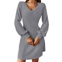 Ženski dugi rukav modni čvrsti V izrez pletene suknje s toplom temperamentom džemper haljine